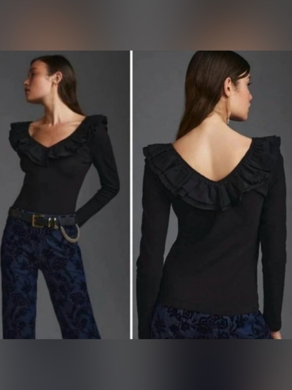 DOLAN Anthropologie Black Ruffled Top V-neck Ribbed Long Sleeve Top M